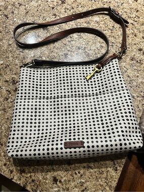 Fossil Cream Crossbody with Black Polka Dots and Brown Strap